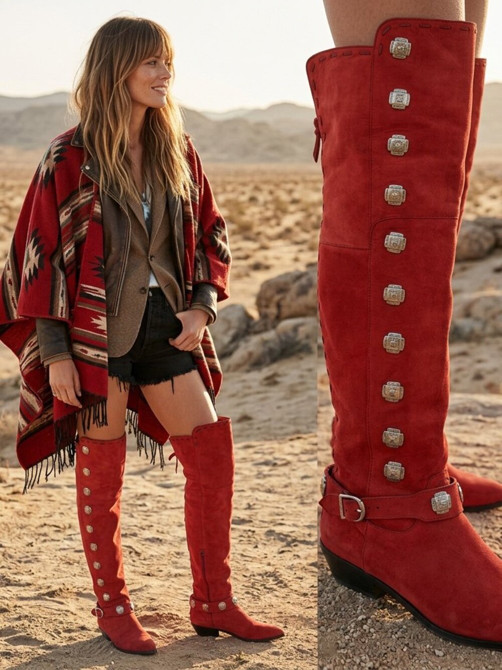 Southwestern Concho Boots Tall Cowboy Vintage OTK Red Western Boots Size 6.5